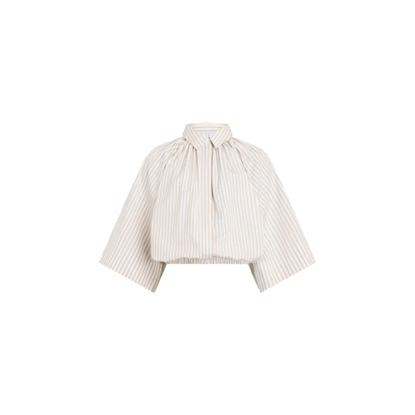 Organic cotton voluminous short-sleeved striped blouse in Dolce Coffee Stripes
