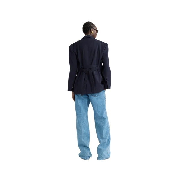 Oversized belted jacket in Navy Black sustainable technical wool twill - Image 3
