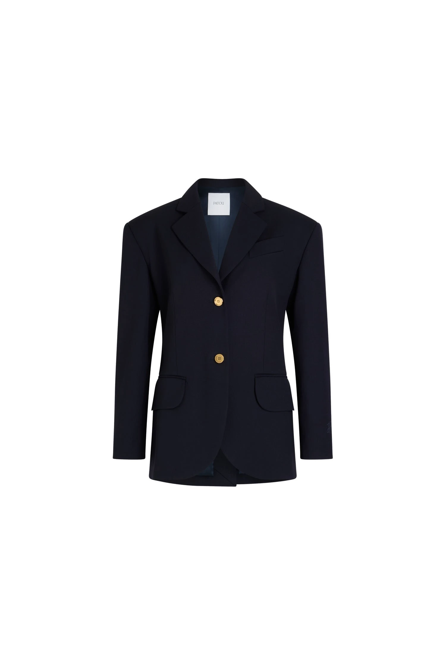 Patou Oversized belted jacket in Navy Black sustainable technical wool twill | Jackets | Luxury Shoes Patou Oversized belted jacket in Navy Black sustainable technical wool twill