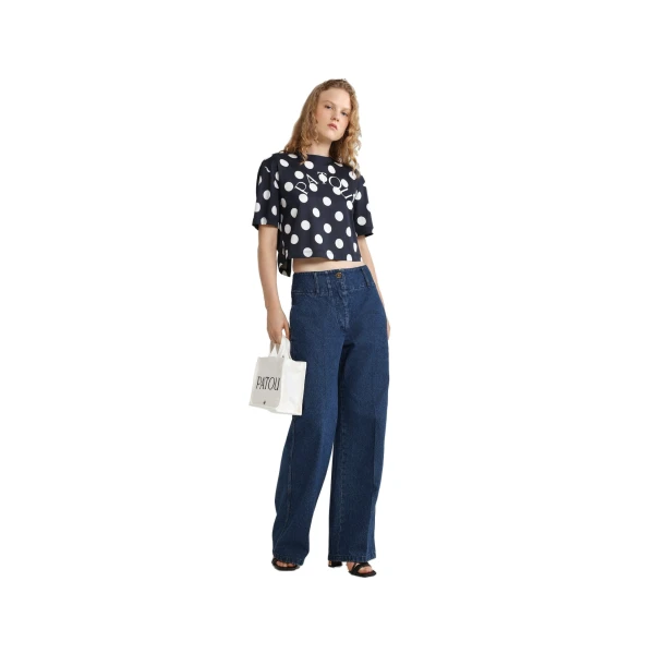 Patou logo split back t-shirt in Navy Polka Dots printed organic cotton - Image 2