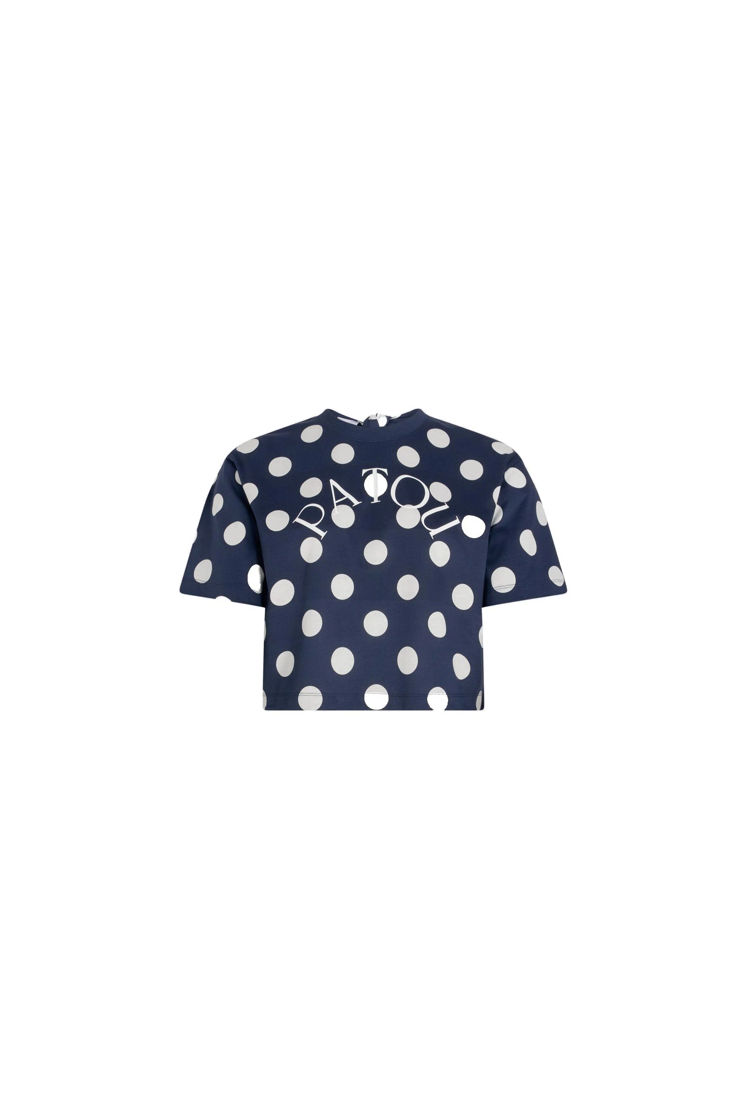 Patou logo split back t-shirt in printed organic cotton | Luxury Shoes Patou Patou logo split back t-shirt in Navy Polka Dots printed organic cotton