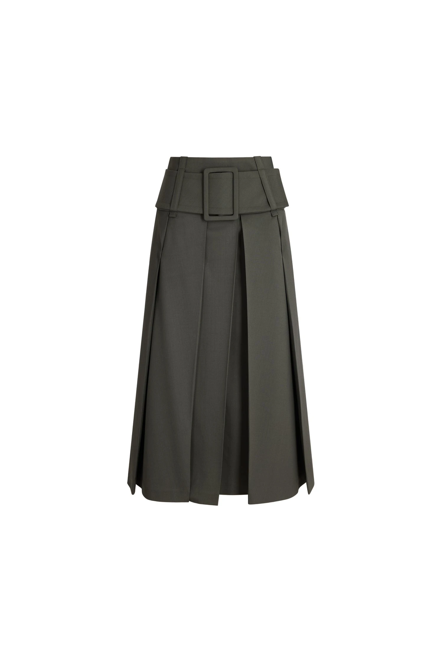 Patou Pleated midi skirt with belt in Ivy Green responsible wool | Skirts | Luxury Shoes Patou Pleated midi skirt with belt in Ivy Green responsible wool