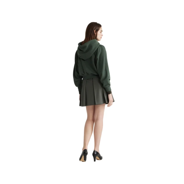 Pleated mini skirt in Khaki sustainable technical wool twill - Image 3