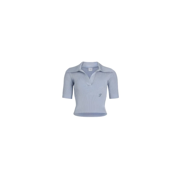 Patou Polo knit top in Pearl Blue technical crepe