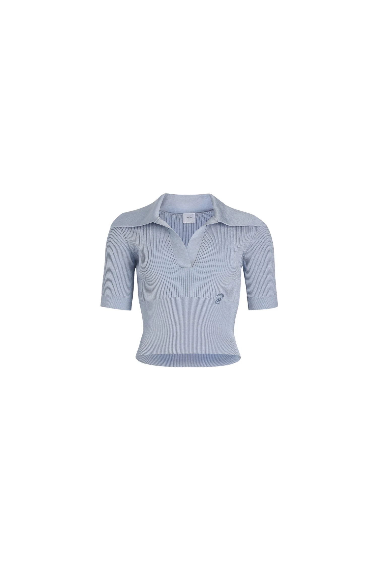 Patou Polo knit top in Pearl Blue technical crepe | Knitwear | Luxury Shoes Patou Polo knit top in Pearl Blue technical crepe