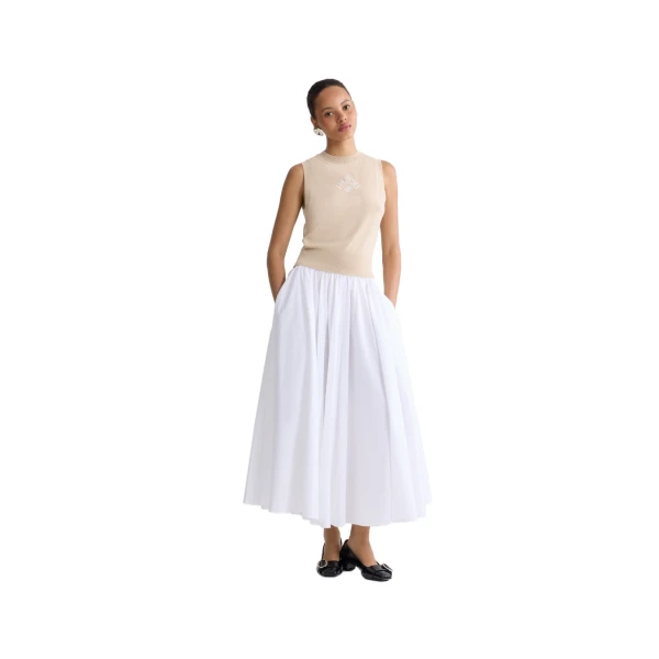 Recycled faille elasticated waist midi skirt in White - Image 2