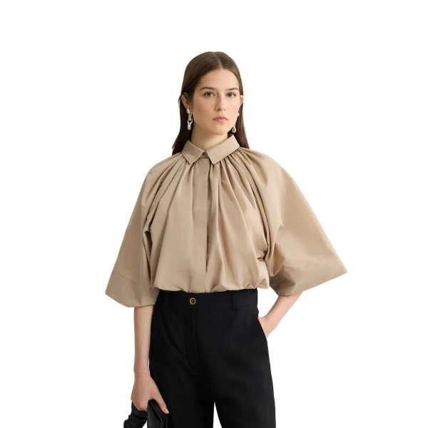 Recycled faille voluminous short-sleeved blouse in Dune - Image 5