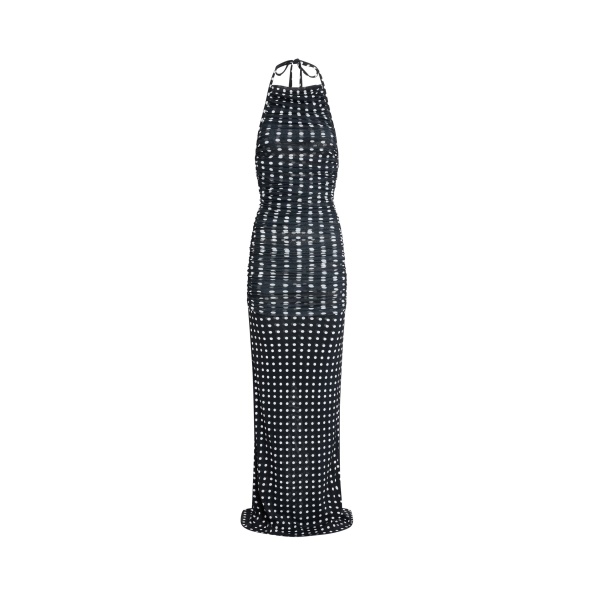 Patou Recycled nylon long draped dress in Night Blue Polka Dots