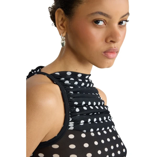 Recycled nylon ruched top in Night Blue Polka Dots - Image 4