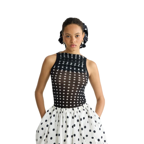 Recycled nylon ruched top in Night Blue Polka Dots - Image 5