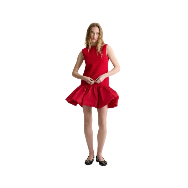 Ruffle hem dress in Scarlet Red sustainable wool blend tweed and faille - Image 2