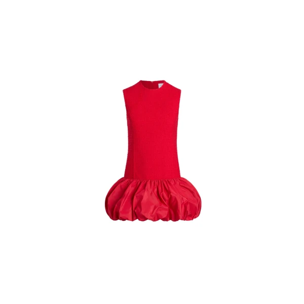 Ruffle hem dress in Scarlet Red sustainable wool blend tweed and faille