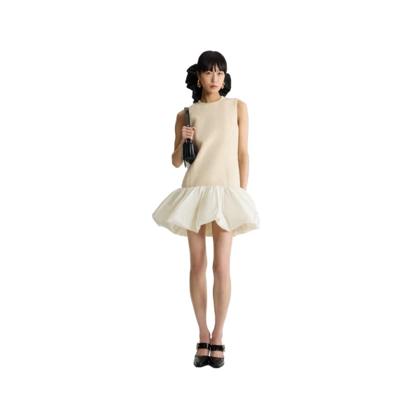 Ruffle hem dress in Snowberry White sustainable wool blend tweed and faille - Image 2