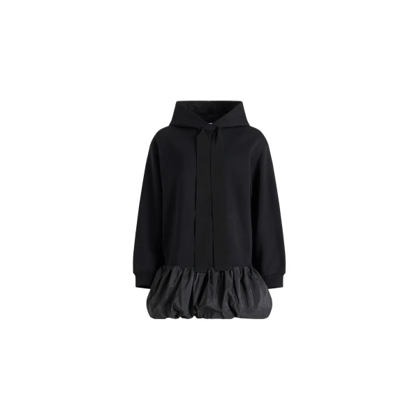 Ruffle hem hoodie dress in Black organic cotton and faille