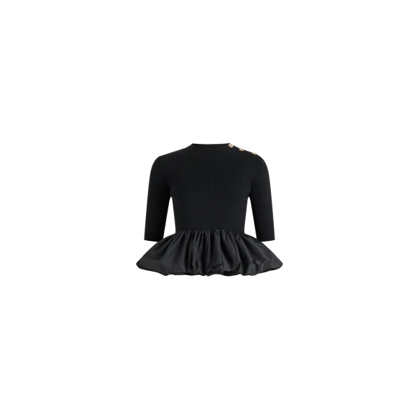 Ruffle hem ribbed jumper in Black wool and faille