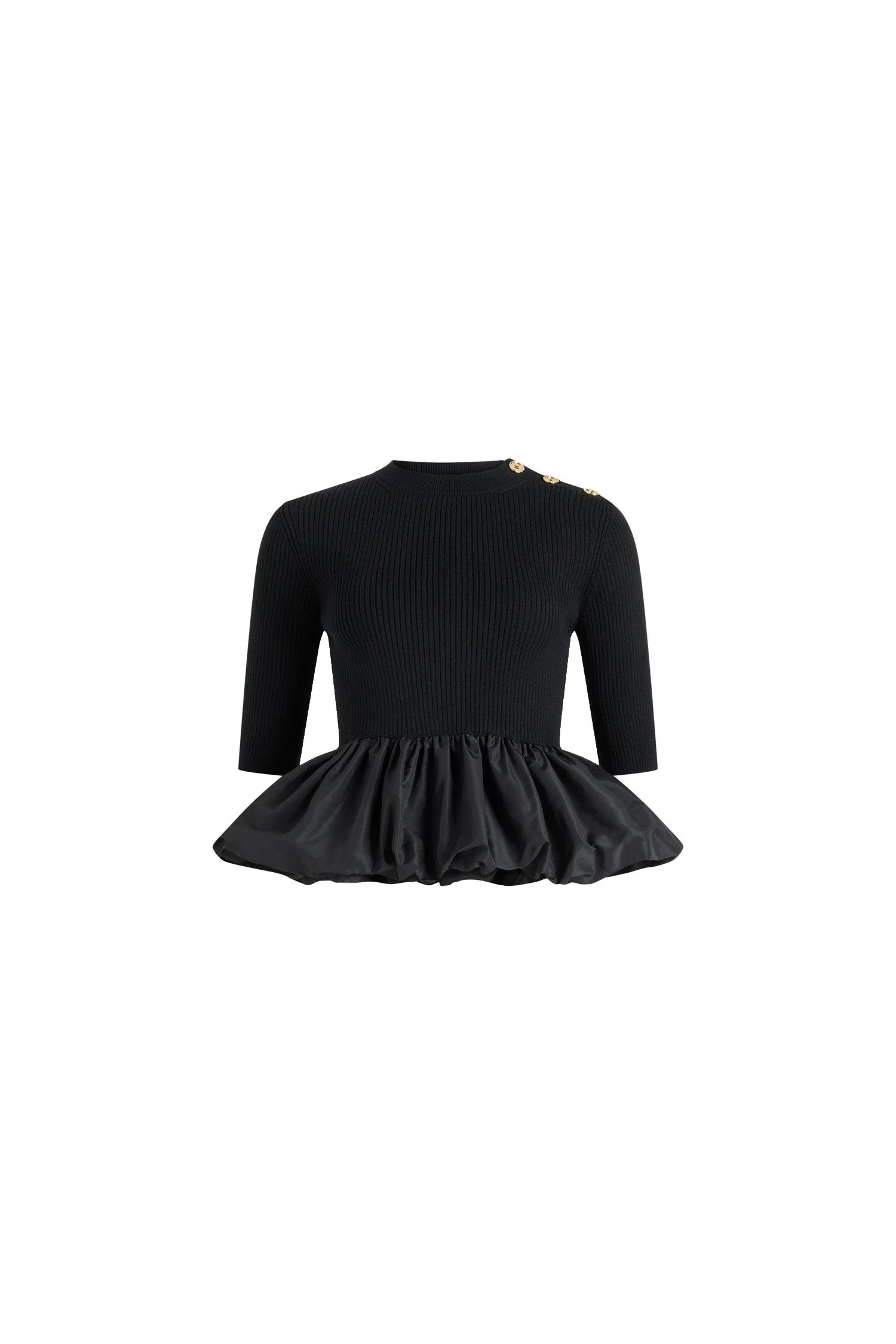 Patou Ruffle hem ribbed jumper in Black wool and faille | Knitwear | Luxury Shoes Patou Ruffle hem ribbed jumper in Black wool and faille
