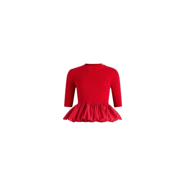 Patou Ruffle hem ribbed jumper in Elixir Red wool and faille