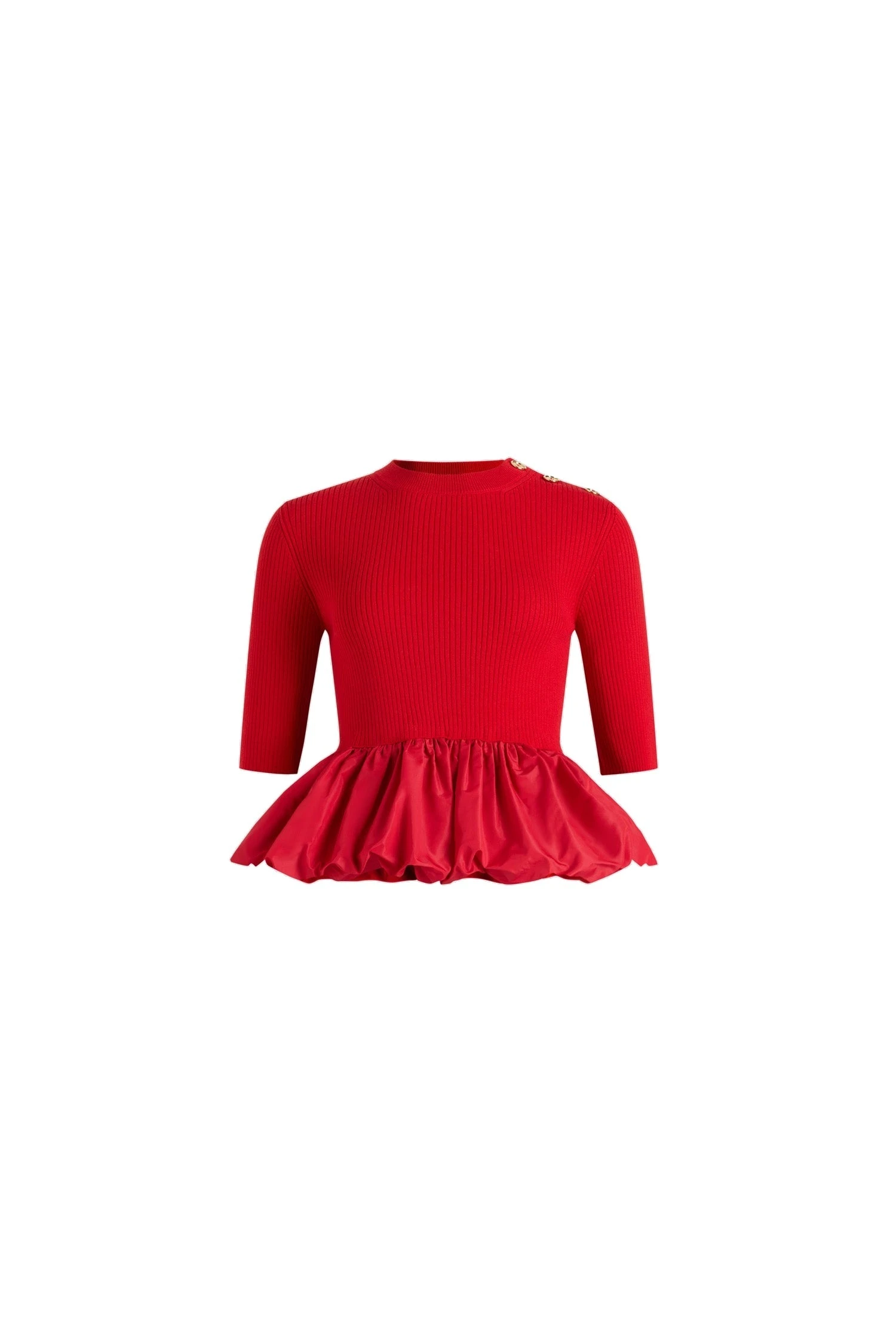 Patou Ruffle hem ribbed jumper in Elixir Red wool and faille | Knitwear | Luxury Shoes Patou Ruffle hem ribbed jumper in Elixir Red wool and faille