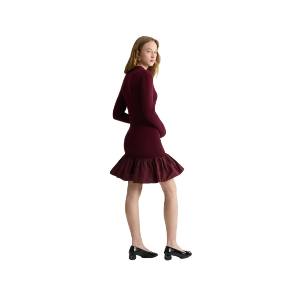 Ruffle hem ribbed mini dress in Syrah wool and faille - Image 3