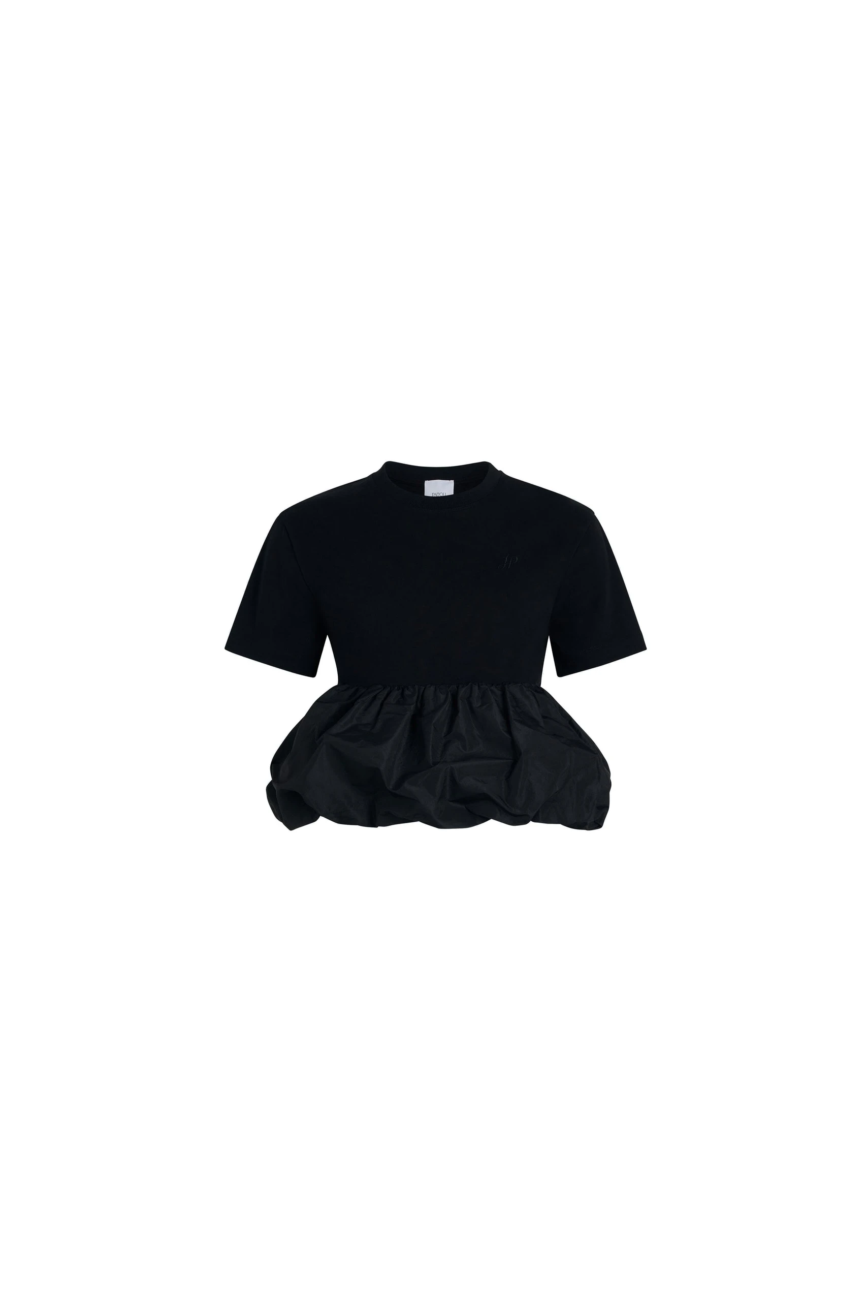 Patou Ruffle hem t-shirt in Black organic cotton and faille | Tops | Luxury Shoes Patou Ruffle hem t-shirt in Black organic cotton and faille