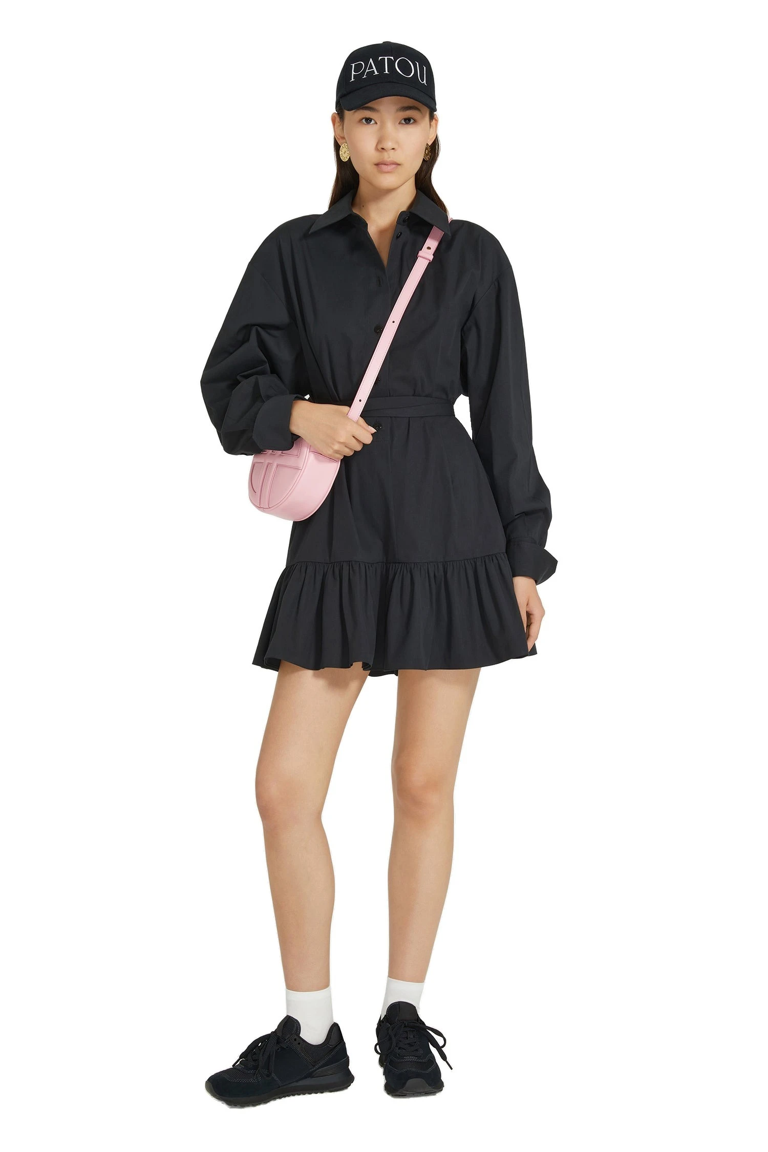 Patou Ruffle mini shirt dress in Black sustainable cotton | Dresses | Luxury Shoes Patou Ruffle mini shirt dress in Black sustainable cotton