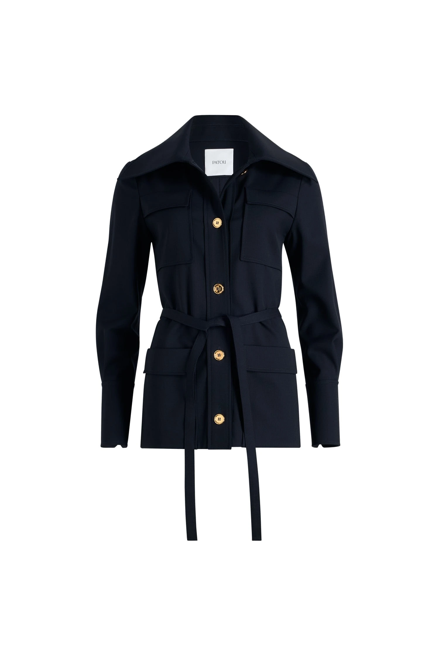Patou Safari jacket in Navy Black sustainable technical wool twill | Jackets | Luxury Shoes Patou Safari jacket in Navy Black sustainable technical wool twill