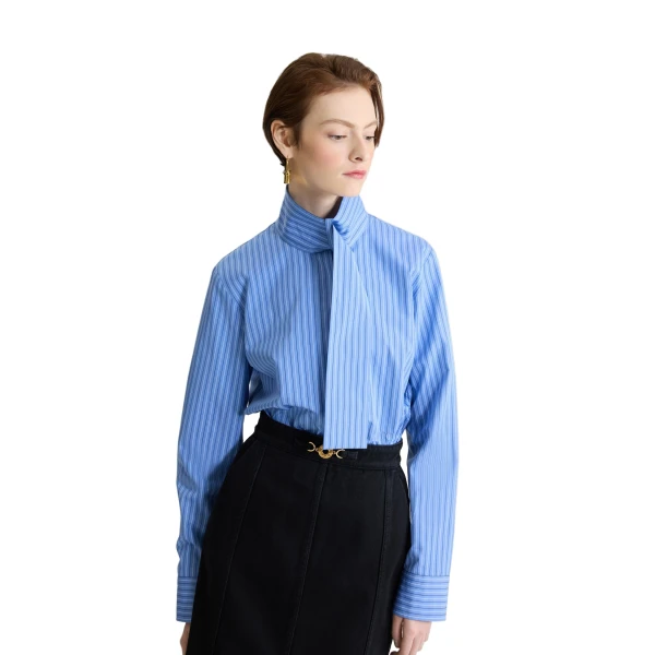 Scarf collar blouse in Ice Blue Stripes printed organic cotton poplin - Image 4