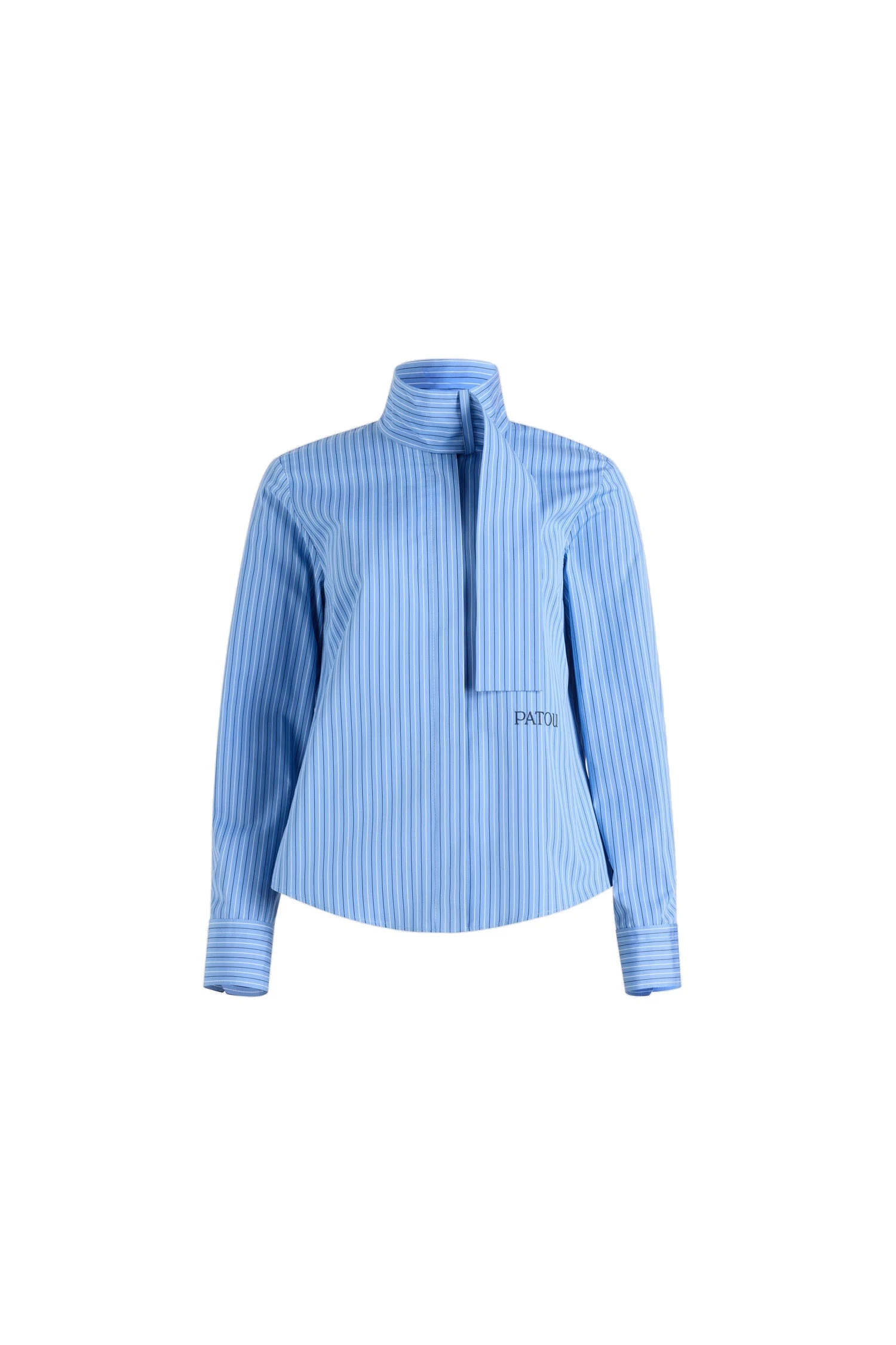 Patou Scarf collar blouse in Ice Blue Stripes printed organic cotton poplin | Tops | Luxury Shoes Patou Scarf collar blouse in Ice Blue Stripes printed organic cotton poplin