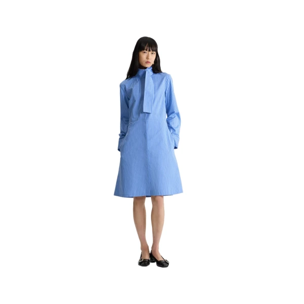Scarf collar shirt dress in Ice Blue Stripes organic cotton poplin - Image 2