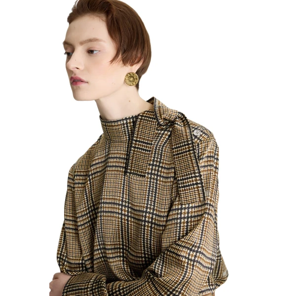 Scarf collar top in Prince of Wales Print printed organic silk - Image 4