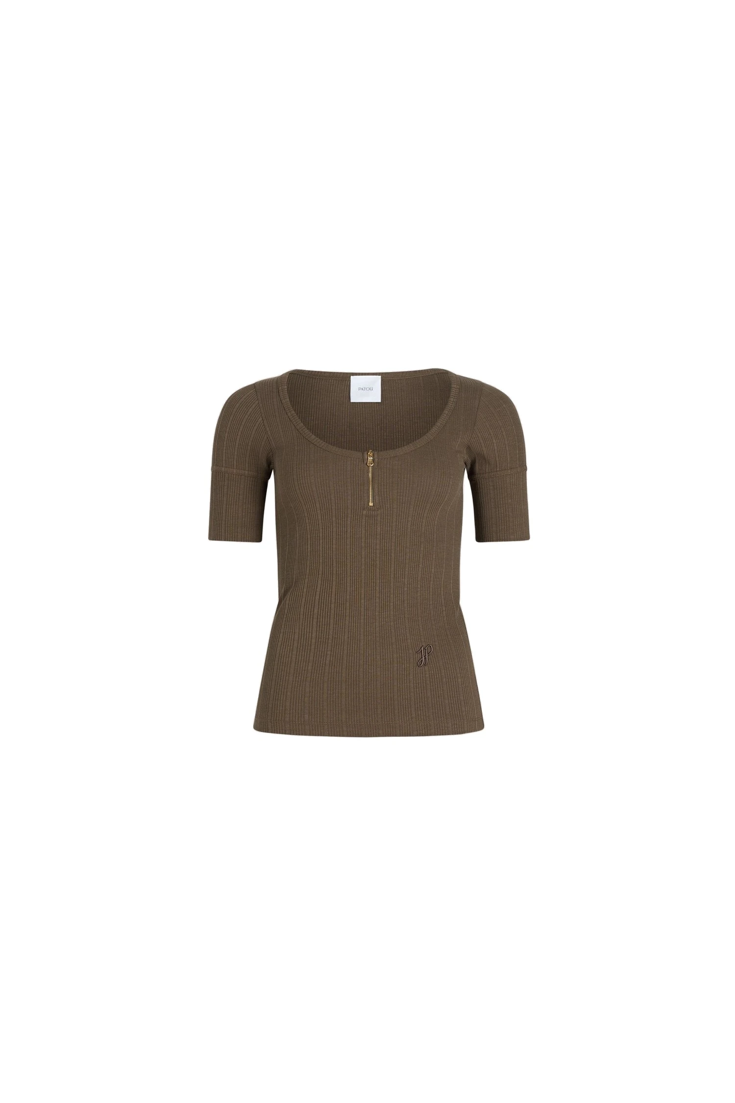 Patou Scoop neck t-shirt in Mocha ribbed organic cotton blend | Tops | Luxury Shoes Patou Scoop neck t-shirt in Mocha ribbed organic cotton blend