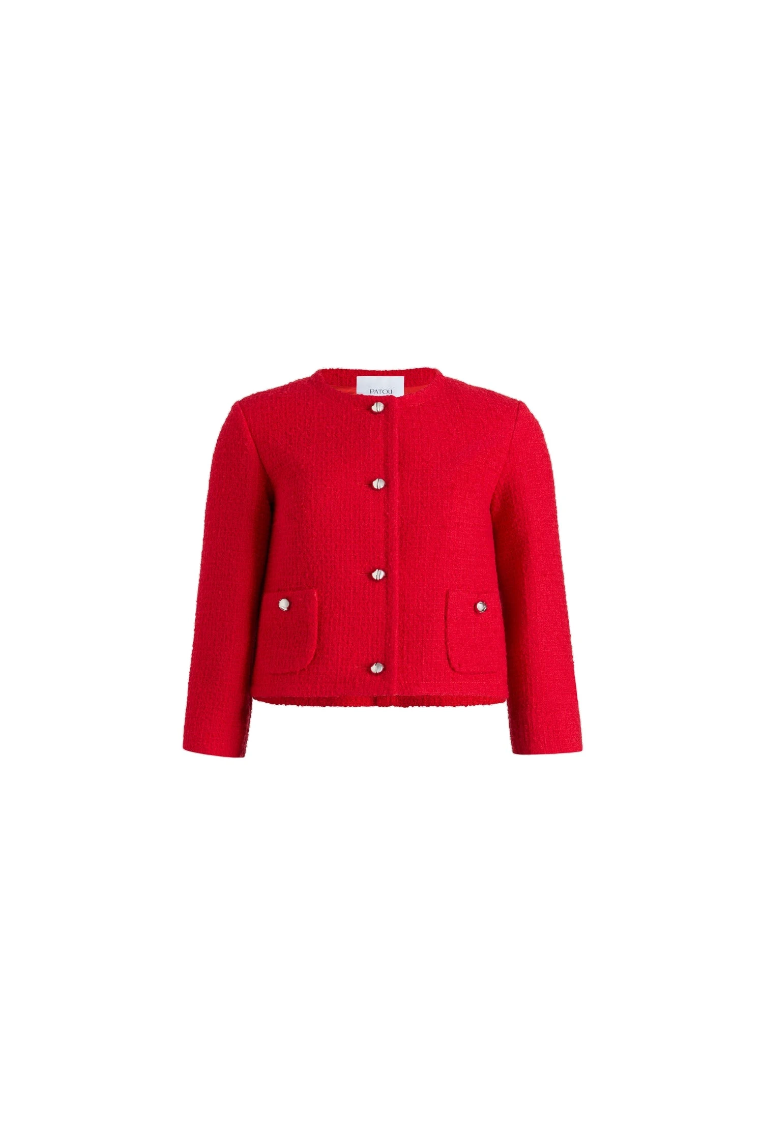 Patou Short collarless jacket in sustainable wool blend | Luxury Shoes Patou Short collarless jacket in No Label Scarlet Red sustainable wool blend tweed