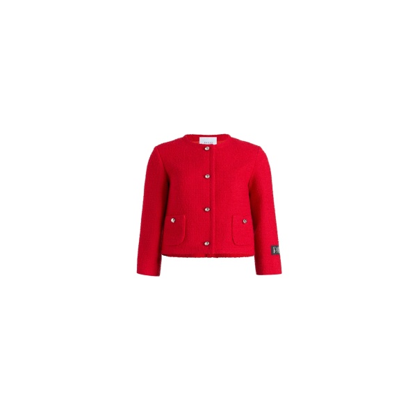 Patou Short collarless jacket in Scarlet Red sustainable wool blend tweed