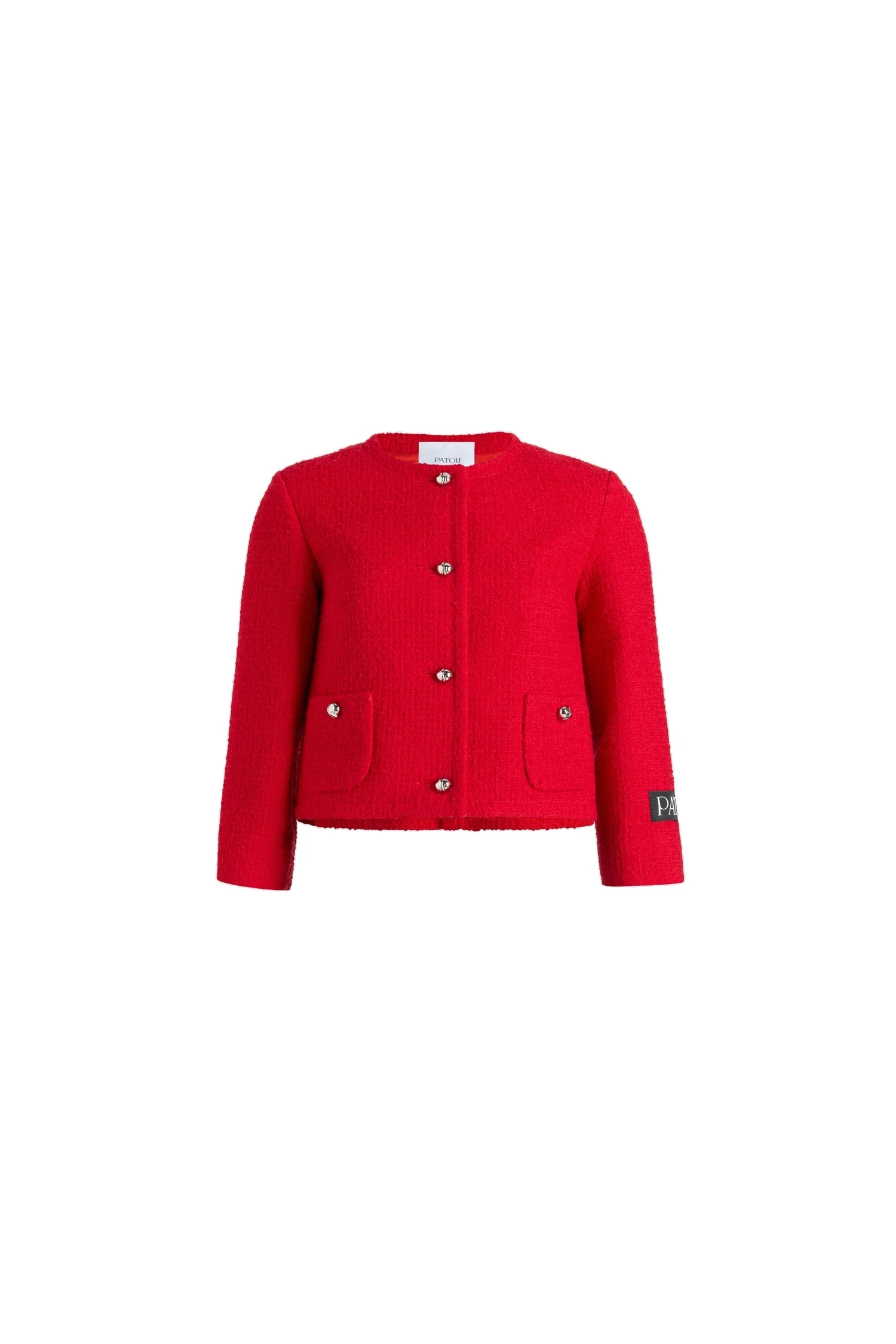 Patou Short collarless jacket in sustainable wool blend | Luxury Shoes Patou Short collarless jacket in Scarlet Red sustainable wool blend tweed
