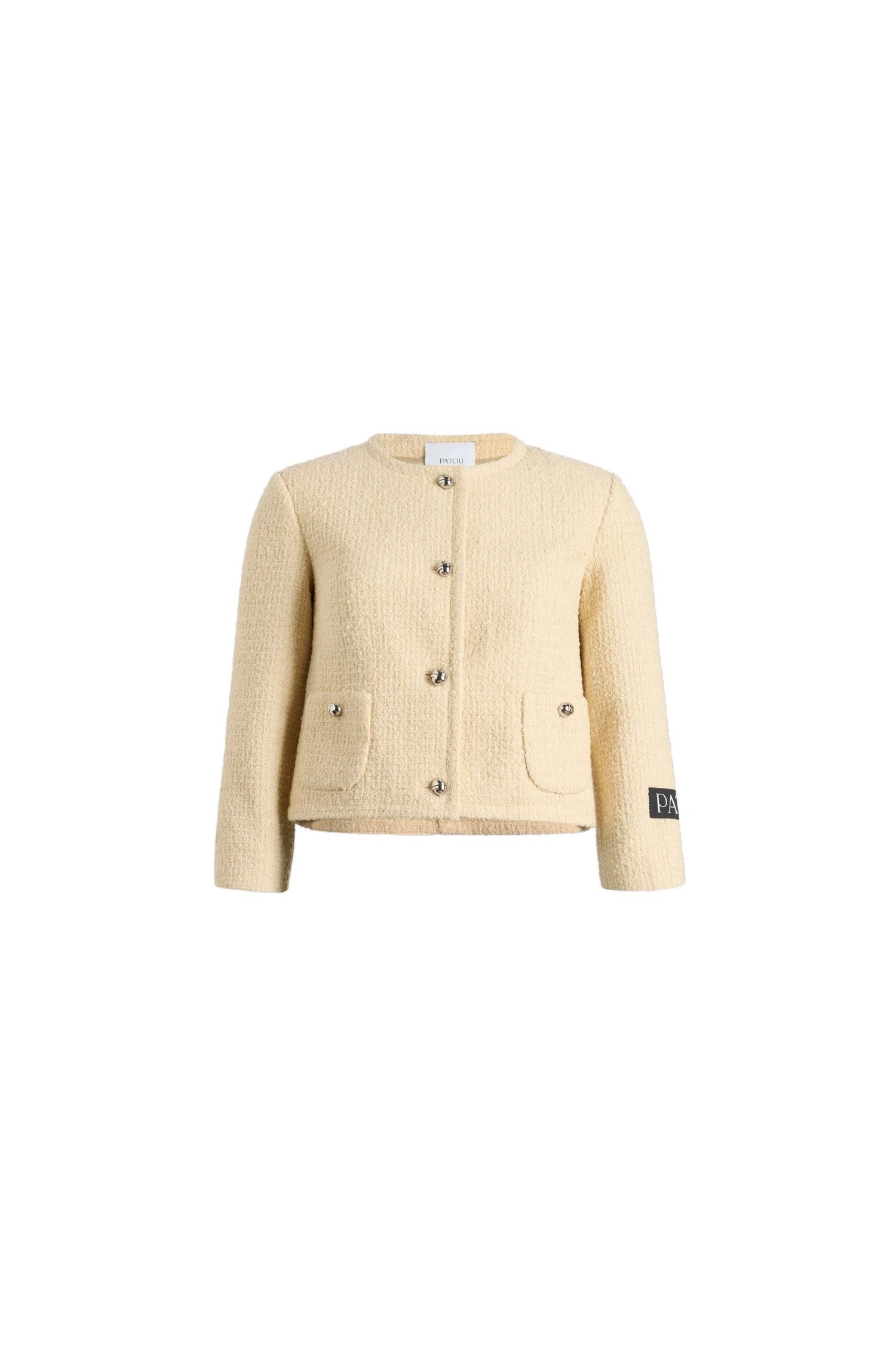 Patou Short collarless jacket in sustainable wool blend | Luxury Shoes Patou Short collarless jacket in Snowberry White sustainable wool blend tweed
