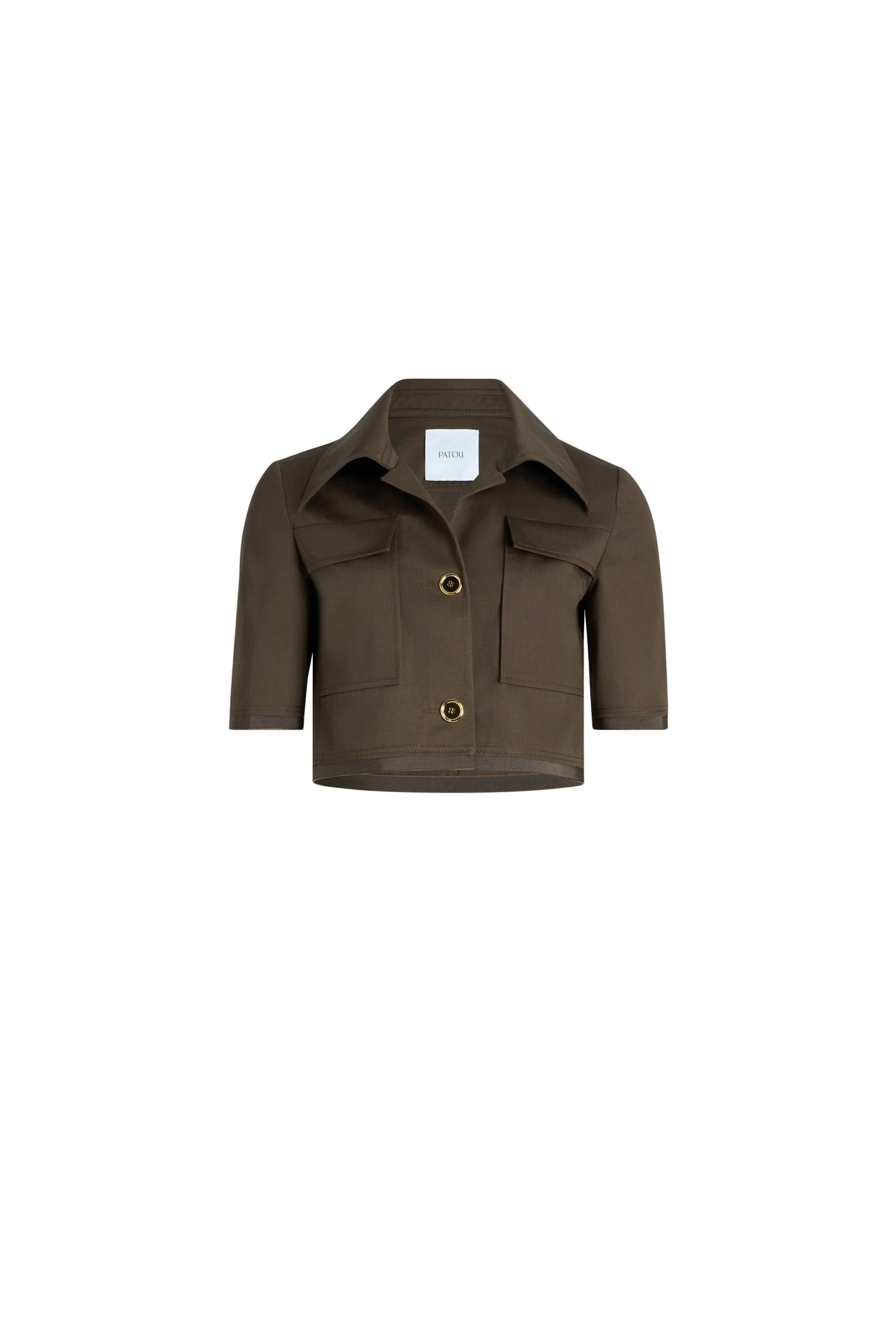 Patou Short-sleeved cropped jacket in Java Brown organic cotton gabardine | Jackets | Luxury Shoes Patou Short-sleeved cropped jacket in Java Brown organic cotton gabardine