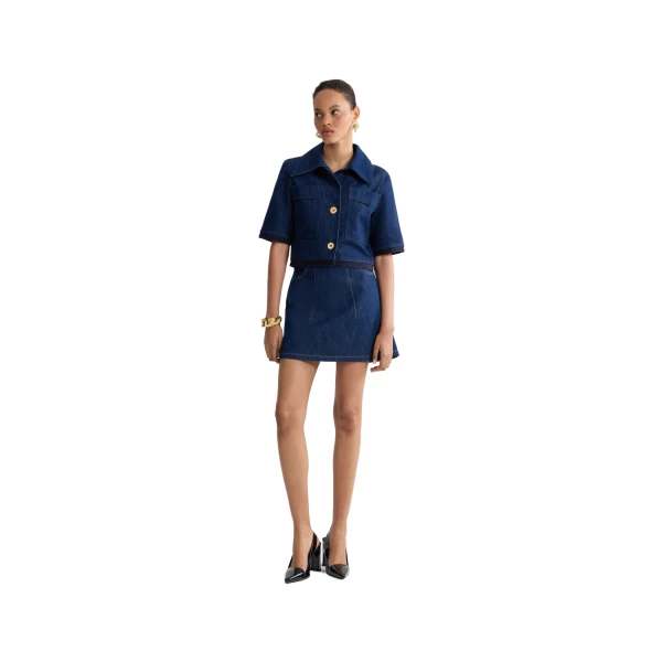 Short-sleeved cropped jacket in Rodeo Blue cotton denim - Image 2