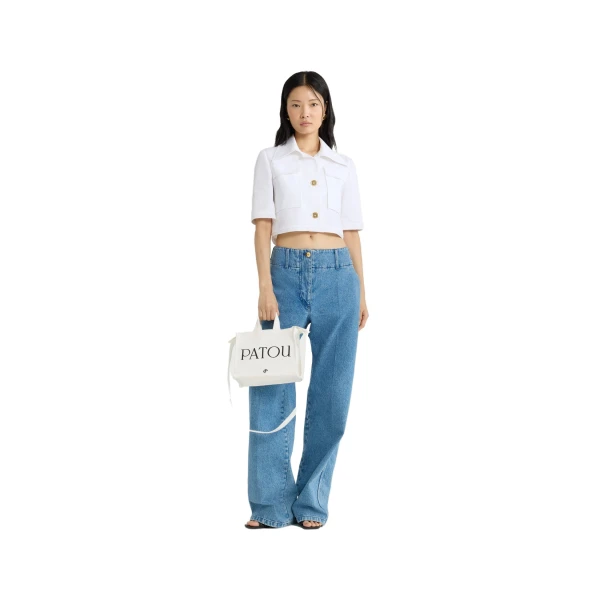 Short-sleeved cropped jacket in White organic cotton gabardine - Image 2