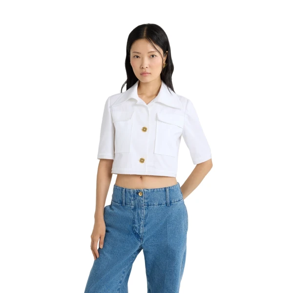 Short-sleeved cropped jacket in White organic cotton gabardine - Image 4