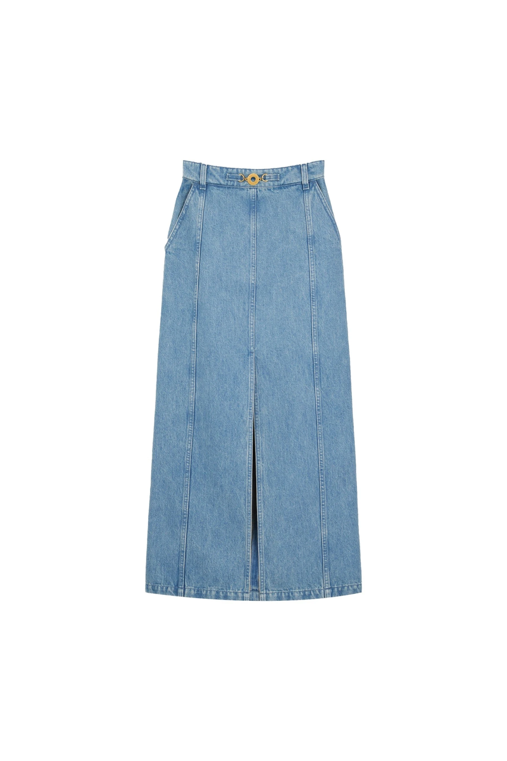 Patou Slit midi skirt in Ice Blue organic cotton denim | Skirts | Luxury Shoes Patou Slit midi skirt in Ice Blue organic cotton denim