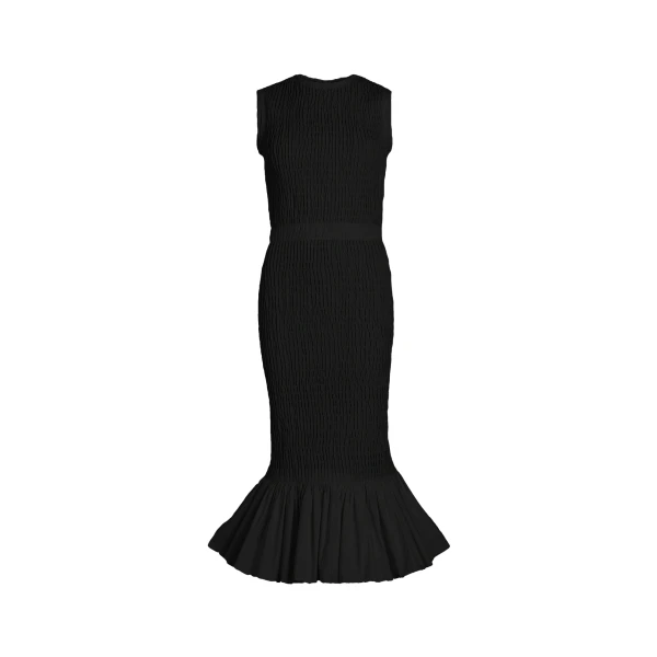 Smocked fishtail midi dress in Black recycled faille