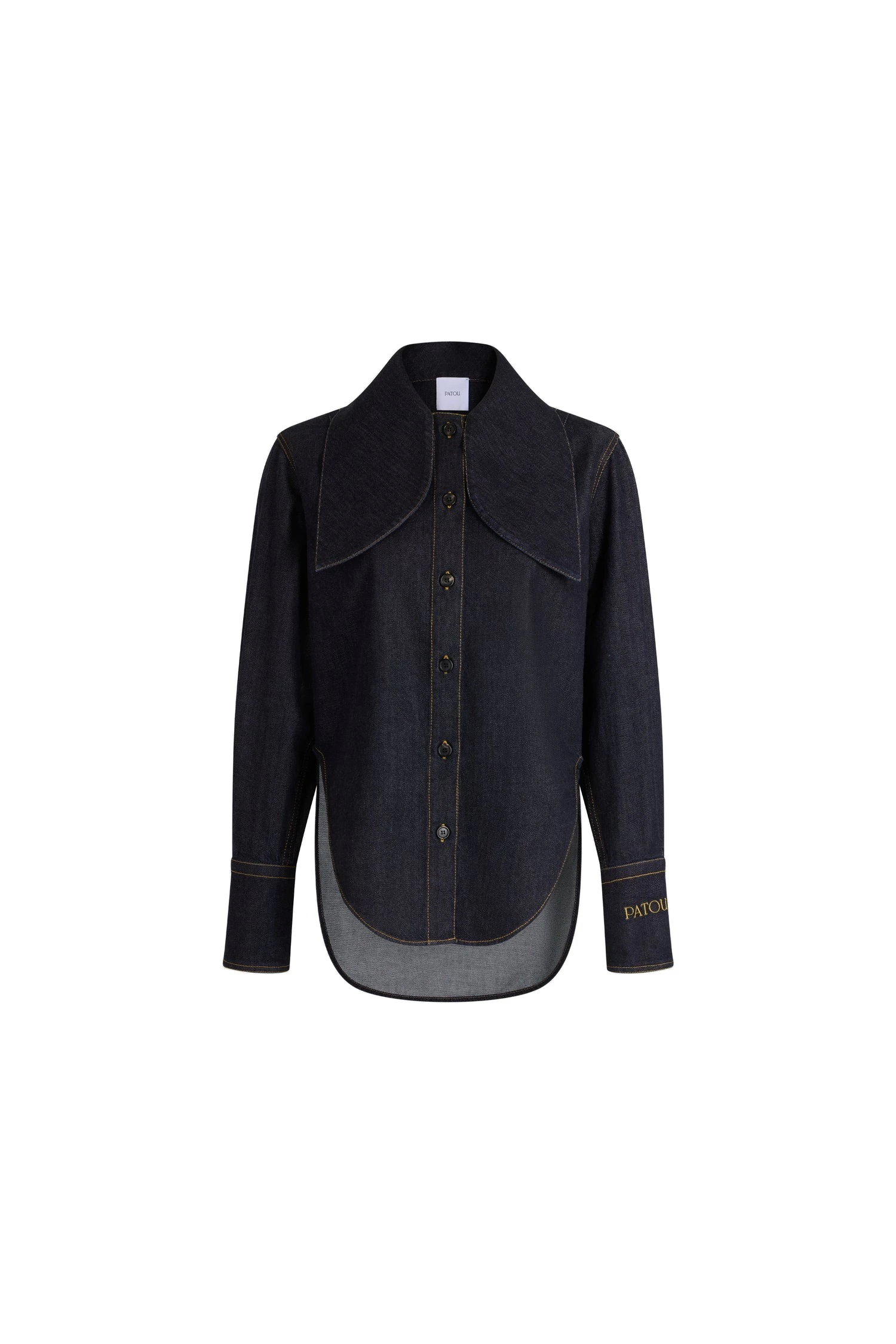 Patou Tied-collar shirt in Blue Mountain Rodeo cotton denim | Tops | Luxury Shoes Patou Tied-collar shirt in Blue Mountain Rodeo cotton denim