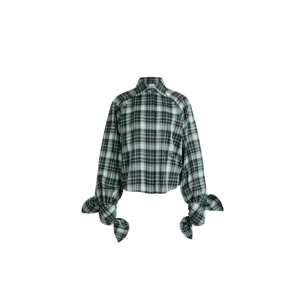 Patou Tied-sleeve blouse in Acqua Tartan cotton