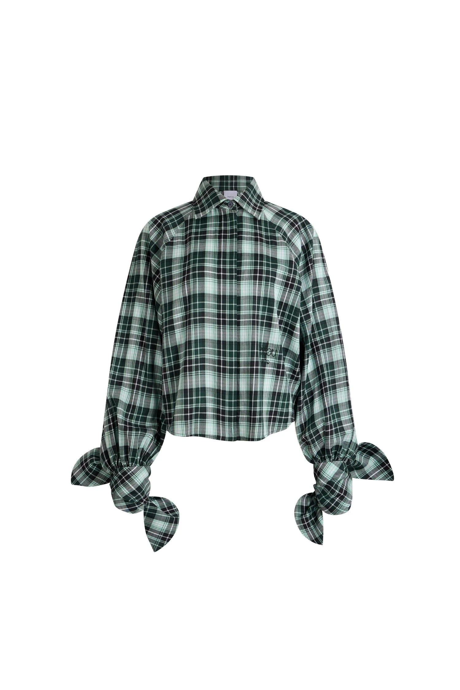 Patou Tied-sleeve blouse in Acqua Tartan cotton | Tops | Luxury Shoes Patou Tied-sleeve blouse in Acqua Tartan cotton