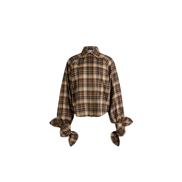 Patou Tied-sleeve blouse in Chestnut Heritage Tartan cotton