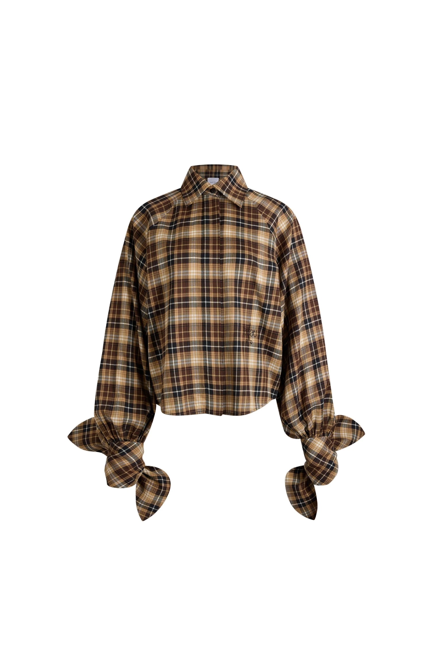 Patou Tied-sleeve blouse in Chestnut Heritage Tartan cotton | Tops | Luxury Shoes Patou Tied-sleeve blouse in Chestnut Heritage Tartan cotton