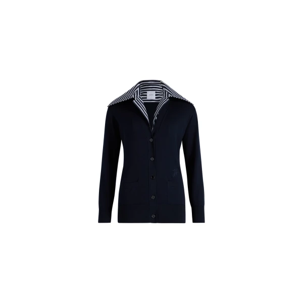 Trompe l'œil poplin collar cardigan in Navy Black cotton