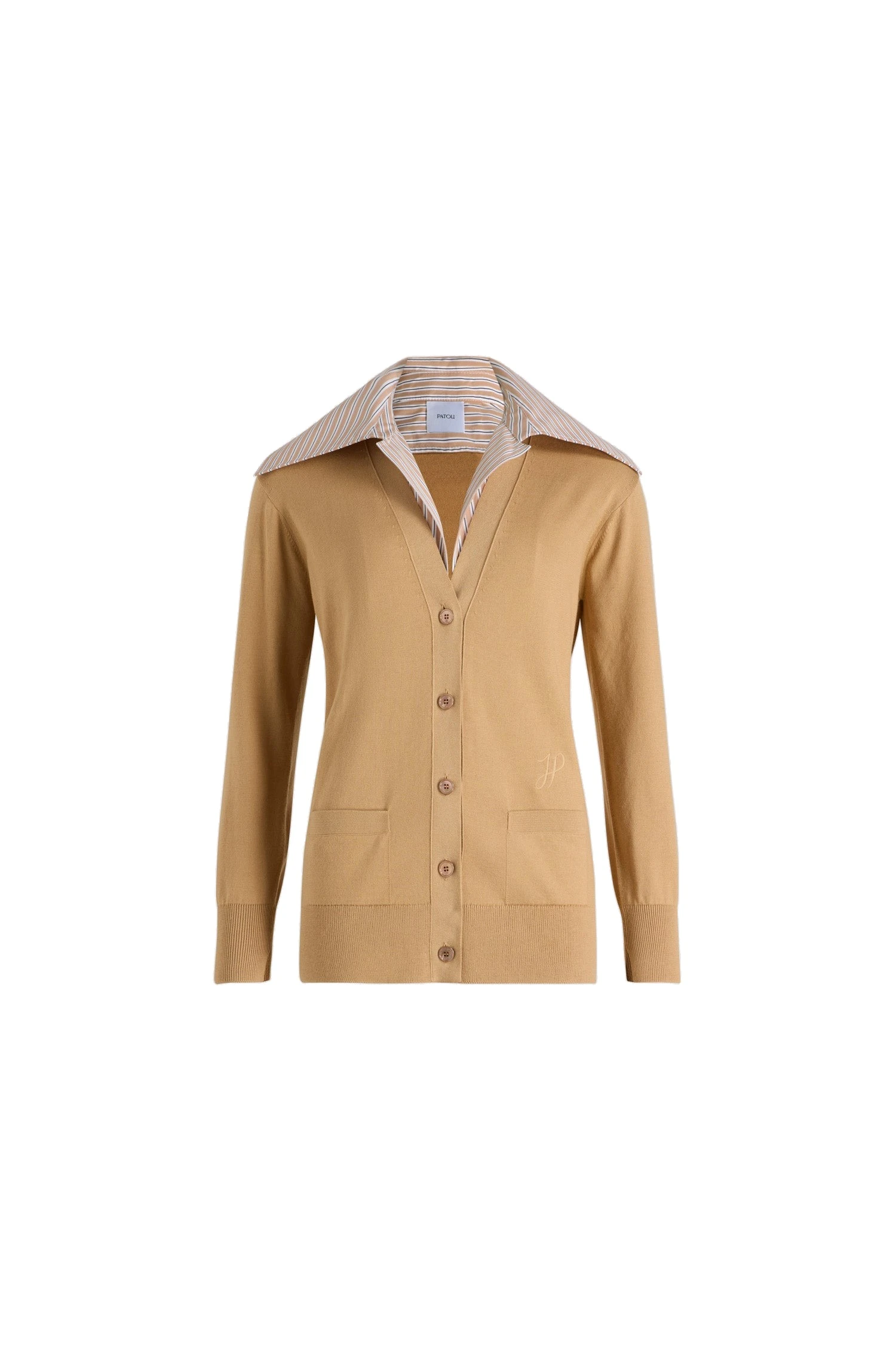 Patou Trompe l’œil poplin collar cardigan in Praline cotton | Knitwear | Luxury Shoes Patou Trompe l'œil poplin collar cardigan in Praline cotton