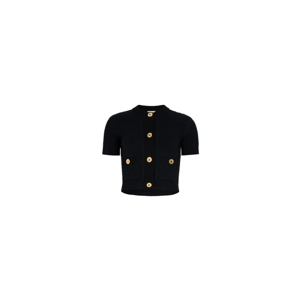 Patou Waffle knit cropped cardigan in Navy Black cotton