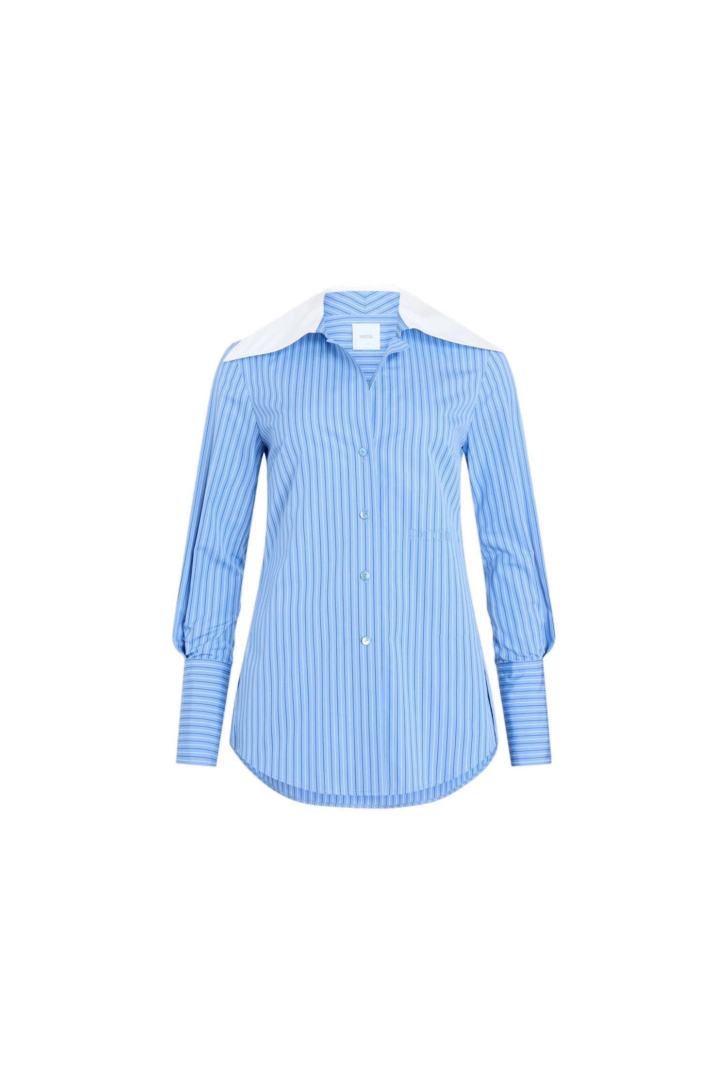 Patou Wide collar blouse in Ice Blue Stripes printed organic cotton poplin | Tops | Luxury Shoes Patou Wide collar blouse in Ice Blue Stripes printed organic cotton poplin